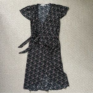 LOFT Black Floral Patterned Wrap Midi Dress